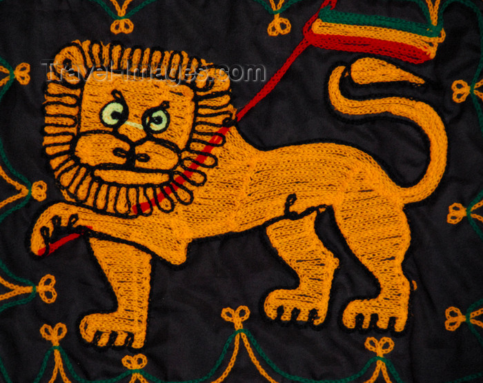 ethiopia197: Lalibela, Amhara region, Ethiopia: Lion of Judah with Ethiopian flag - textile - photo by M.Torres - (c) Travel-Images.com - Stock Photography agency - Image Bank