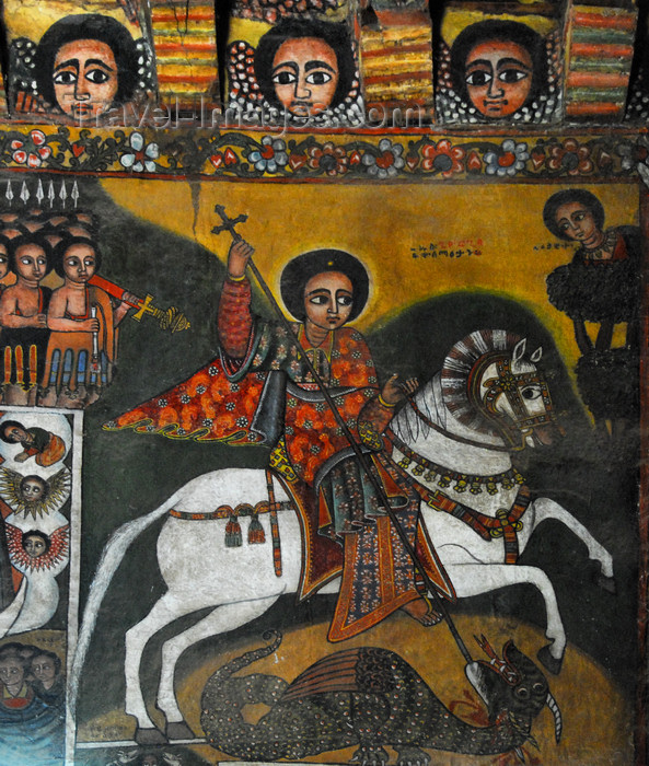 ethiopia253: Gondar, Amhara Region, Ethiopia: Debre Berham Selassie church - mytheme of St George and the Dragon - St George in red on a prancing white horse - photo by M.Torres - (c) Travel-Images.com - Stock Photography agency - Image Bank