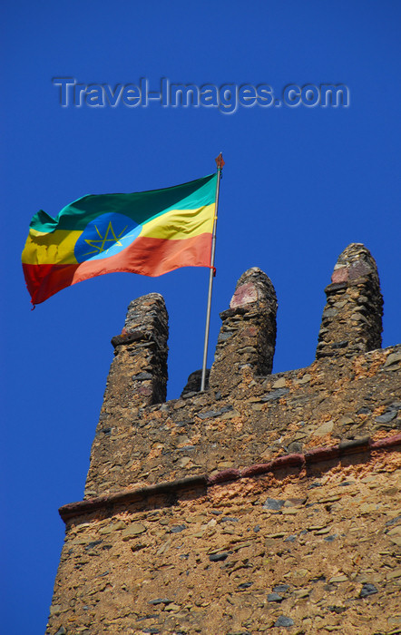 ethiopia276: Gondar, Amhara Region, Ethiopia: Royal Enclosure - Fasiladas' Palace - Ethiopian flag on the central tower - photo by M.Torres - (c) Travel-Images.com - Stock Photography agency - Image Bank