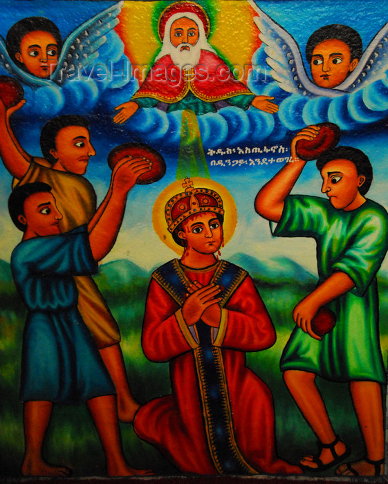 ethiopia464: Lake Tana, Amhara, Ethiopia: Entos Eyesu Monastery - Saint Stephen being stoned to death for his faith - protomartyr - mural - photo by M.Torres - (c) Travel-Images.com - Stock Photography agency - Image Bank