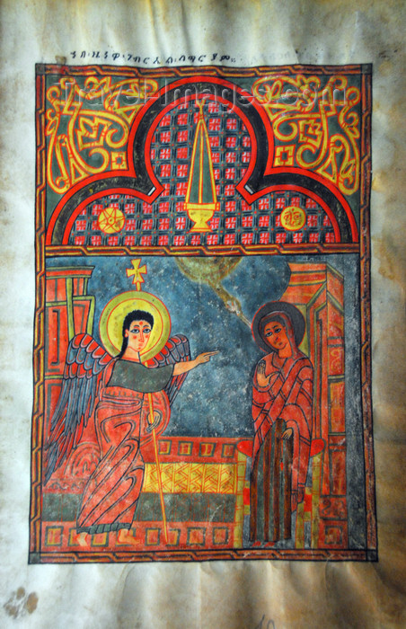 ethiopia480: Lake Tana, Amhara, Ethiopia: Kebran Gabriel Monastery - Annunciation - Mary and the archangel Gabriel - illuminated manuscript - ancient religious book - photo by M.Torres  - (c) Travel-Images.com - Stock Photography agency - Image Bank