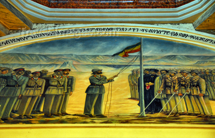 ethiopia78: Addis Ababa, Ethiopia: Holy Trinity Cathedral - mural - emperor Haile Selassie raises the Ethipian flag - photo by M.Torres - (c) Travel-Images.com - Stock Photography agency - Image Bank