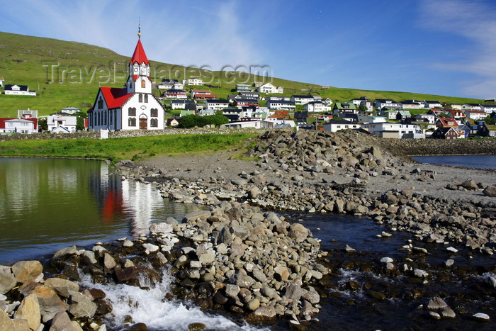 faeroe70: Sandavágur, Vágar island, Faroes: the village and its red roofed wooden church built in 1917 - photo by A.Ferrari - (c) Travel-Images.com - Stock Photography agency - Image Bank