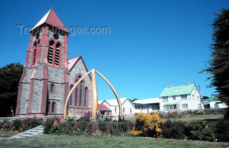 falkland2: Falkland islands / Ilhas Malvinas - Stanley, formerly Port Stanley / PSY (East Falkland / Isla Soledad):  Christ Church Cathedral with whale bone arch - the southernmost Anglican church - photo by Rod Eime - (c) Travel-Images.com - Stock Photography agency - Image Bank