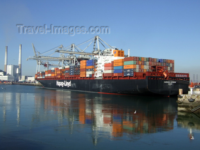france1266: Le Havre, Seine-Maritime, Haute-Normandie, France: Hpag-Lloyd Hamburg Express Container Ship - stern view - gantry cranes and power station - photo by A.Bartel - (c) Travel-Images.com - Stock Photography agency - Image Bank