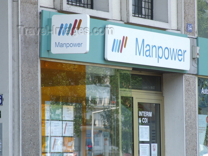 france1280: Le Havre, Seine-Maritime, Haute-Normandie, France: sign at Manpower, Employment Agency - photo by A.Bartel - (c) Travel-Images.com - Stock Photography agency - Image Bank