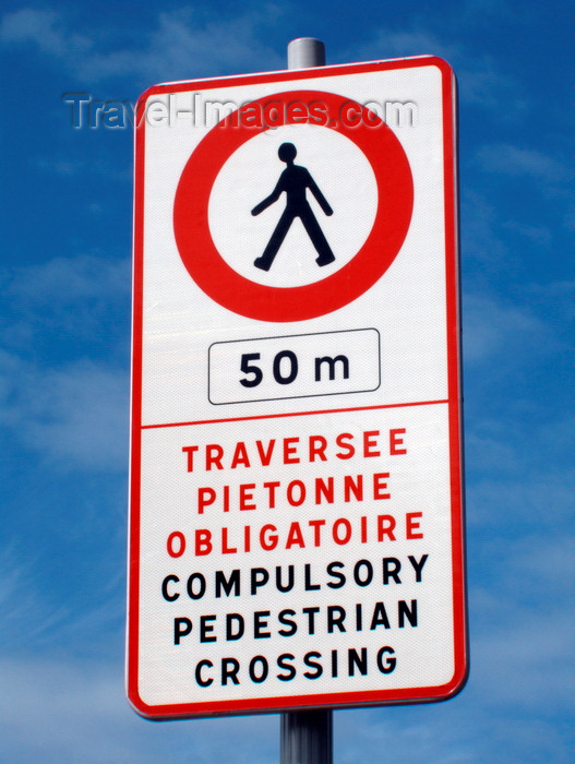 france1370: Le Havre, Seine-Maritime, Haute-Normandie, France: Bilingual 'No Pedestrians' sign, English, French - Compulsory Pedestrian Crossing sign - photo by A.Bartel - (c) Travel-Images.com - Stock Photography agency - Image Bank