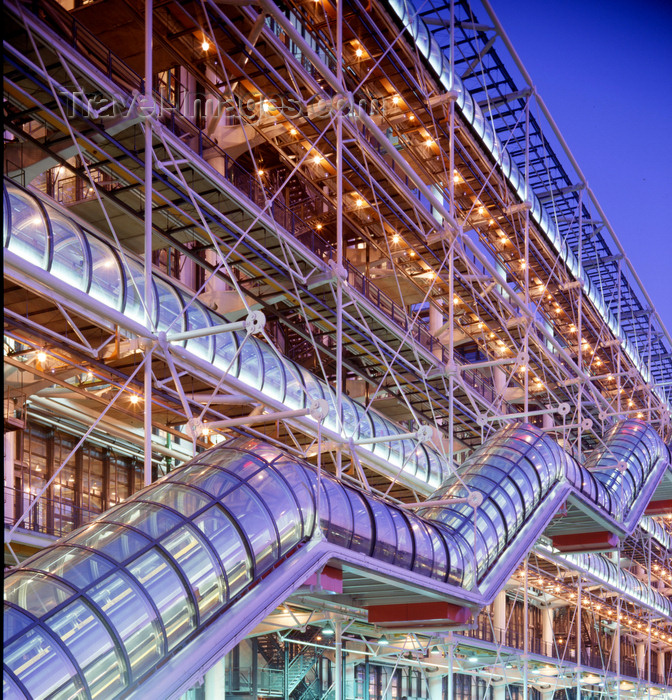 france477: Paris, France: Centre Georges Pompidou at night - architects Richard Rogers, Renzo Piano - structural engineer Edmund Happold - Beaubourg area - photo by A.Bartel - (c) Travel-Images.com - Stock Photography agency - Image Bank