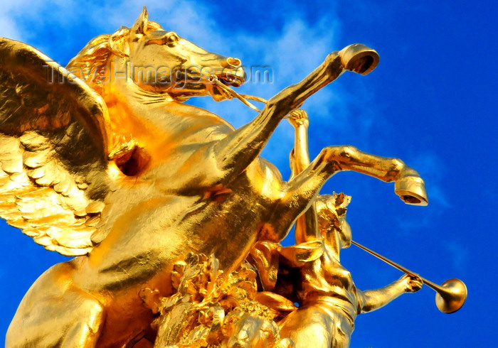 france511: Paris, France: Pont Alexandre III - gilded bronze equestrian sculpture of Pegasus held by the Fame of Combat / Commerce, La Renommée au Combat / Commerce - sculptor Pierre Granet - left bank - photo by M.Torres - (c) Travel-Images.com - Stock Photography agency - Image Bank