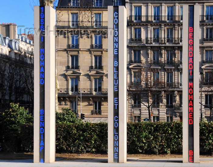 france527: Paris, France: Algerian War National Memorial - three columns with electronic displays in the colors of France, scrolling information on people and events commemorated - Mémorial national de la guerre d'Algérie et des combats du Maroc et de la Tunisie -  quai Branly, 7e arrondissement - photo by M.Torres - (c) Travel-Images.com - Stock Photography agency - Image Bank