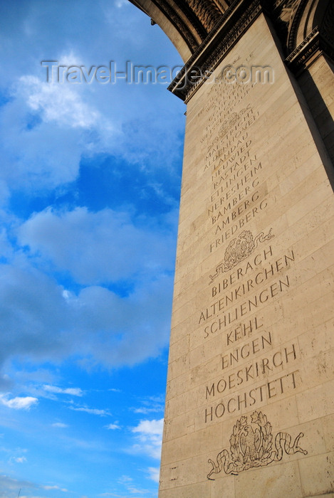 france561: Paris, France: Arc de Triomphe - Place Charles de Gaulle - battle names on a pillar - Lille, Hondschootte, Wattignies, Arlon, Courtrai, Tourcoing, Weissembourg - Maestricht, Aldenhoven, Landau, Neuwied, Rastadt, Etlingen, Neresheim, Bamberg, Amberg, Friedberg - Biberach, Altenkirchen, Schliengen, Kehl, Engen, Moeskirch, Hochstett - photo by M.Torres - (c) Travel-Images.com - Stock Photography agency - Image Bank