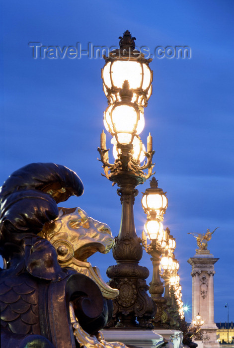 france85: Paris, France: Alexandre III bridge - lion and street lamps - photo by A.Bartel - (c) Travel-Images.com - Stock Photography agency - Image Bank