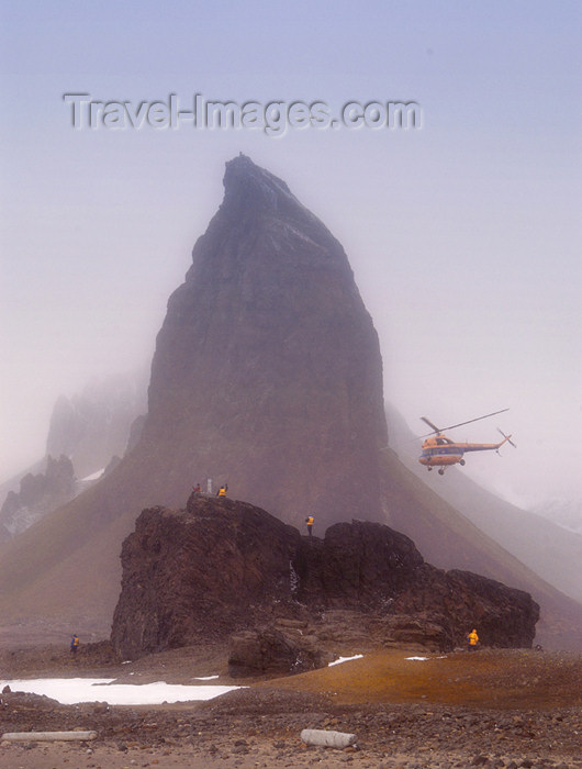 franz-josef46: Franz Josef Land Mountain, people, helicopter at Cape Tegethoff, Hall Is - Arkhangelsk Oblast, Northwestern Federal District, Russia - photo by Bill Cain - (c) Travel-Images.com - Stock Photography agency - Image Bank