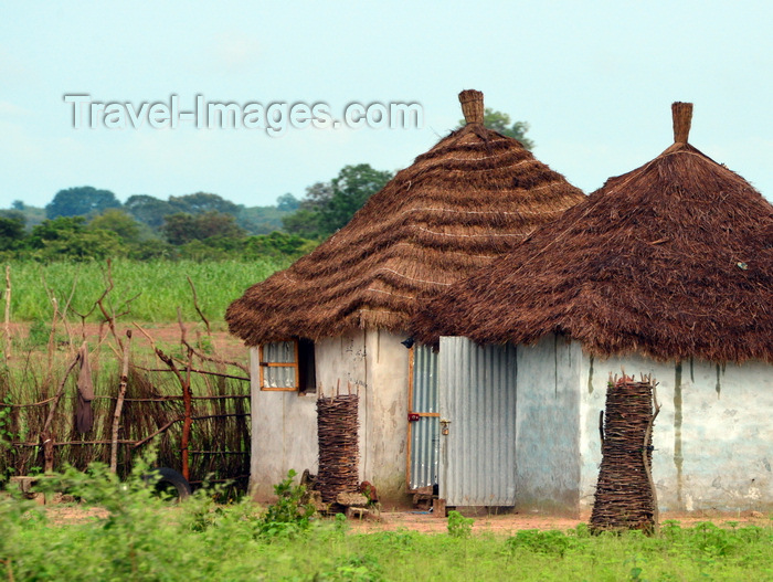 gambia117: Fass, North Bank division, Gambia: rural area - village huts with thatched roofs and corrugated metal doors - photo by M.Torres - (c) Travel-Images.com - Stock Photography agency - Image Bank