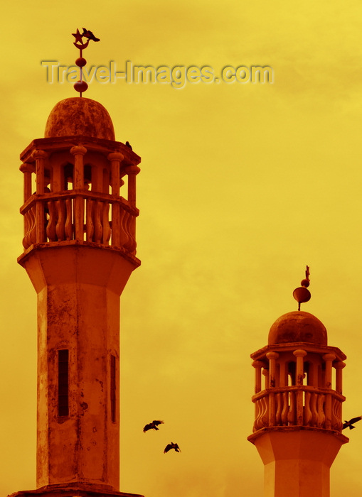 gambia14: Banjul, Gambia: Abu Bakr Saddiq mosque - twin minarets, crows and sunset sky - former Independence Drive Mosque, the oldest in Banjul - photo by M.Torres - (c) Travel-Images.com - Stock Photography agency - Image Bank