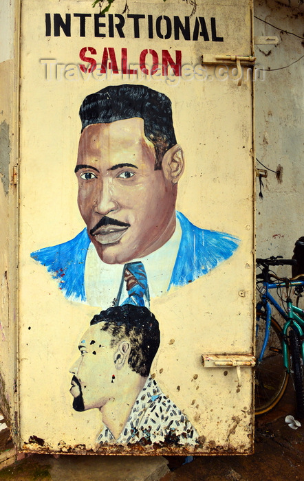 gambia7: Banjul, The Gambia: door to a men's hairdresser on Ecowas avenue - photo by M.Torres - (c) Travel-Images.com - Stock Photography agency - Image Bank