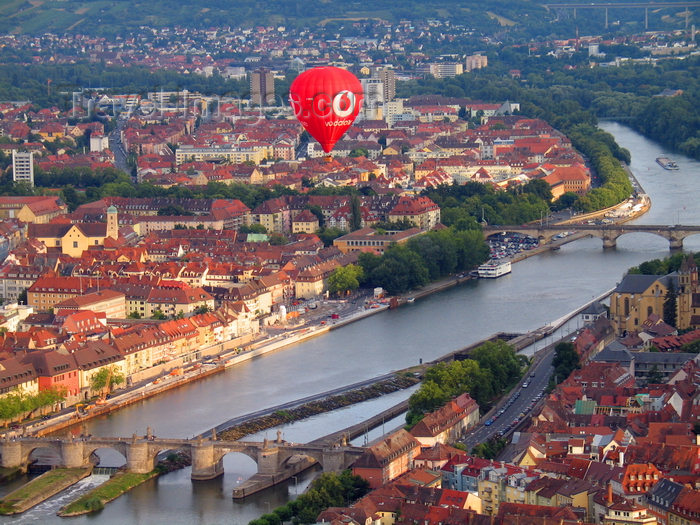 germany360: Würzburg, Lower Franconia, Bavaria, Germany: river Main, Vodafone baloon and bridges - Alte Mainbrücke and Löwenbrücke - from the air - photo by D.Steppuhn - (c) Travel-Images.com - Stock Photography agency - Image Bank