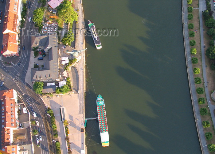 germany362: Würzburg, Lower Franconia, Bavaria, Germany: Alter Kranen, the House of Franconian wines and river cruise boats on the Main - from the air - photo by D.Steppuhn - (c) Travel-Images.com - Stock Photography agency - Image Bank