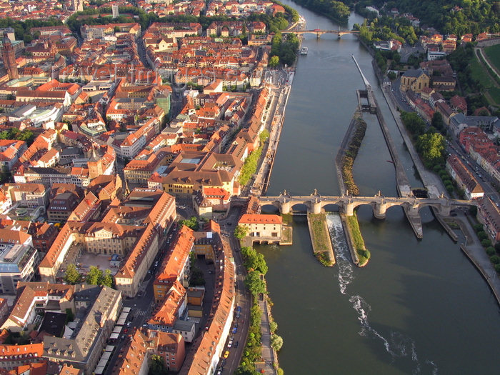 germany363: Würzburg, Lower Franconia, Bavaria, Germany: Main river and the old town - Alte Mainbrücke in the foreground and Löwenbrücke in the background - from the air - photo by D.Steppuhn - (c) Travel-Images.com - Stock Photography agency - Image Bank