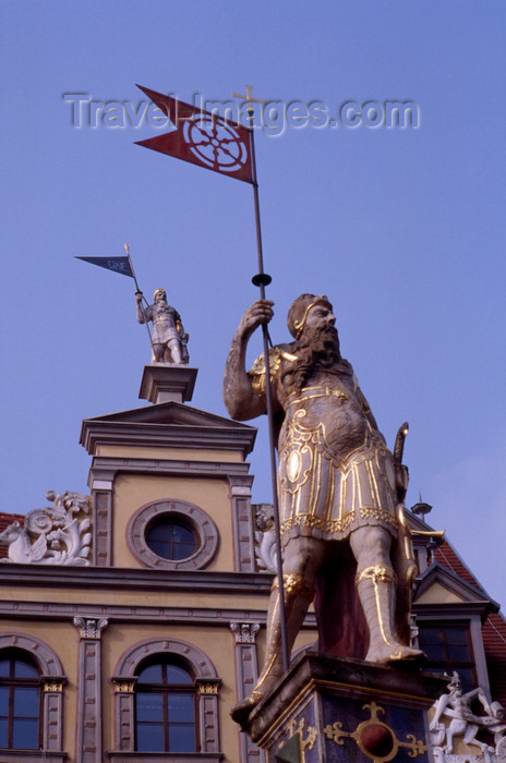 germany373: Erfurt, Thuringia, Germany: 2 sculptures of Roman warriors from the Renaissance - façade of the House of the Red Ox on Fish Market square - Fischmarkt - Haus zum Roten Ochsen und Der Römer - former GDR, East Germany - photo by A.Harries - (c) Travel-Images.com - Stock Photography agency - Image Bank