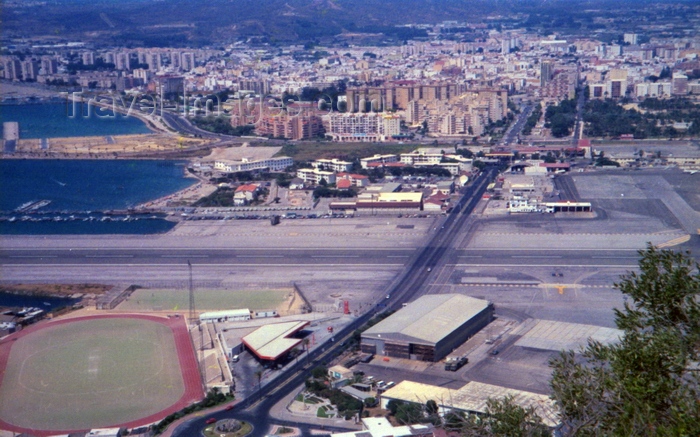 gibraltar1: Gibraltar: Gibraltar International Airport, aka North Front Airport - border with La Linea de la Concepcion - part-time runway intersected by the main road - photo by M.Torres - (c) Travel-Images.com - Stock Photography agency - Image Bank