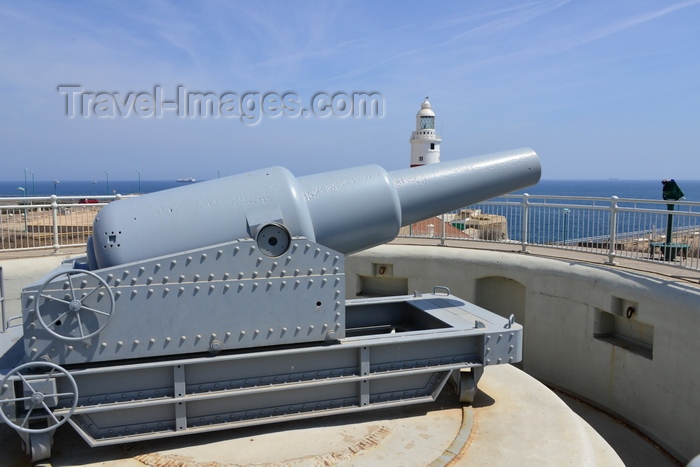 gibraltar24: Gibraltar: 38 ton Rifled Muzzle Loading gun at Harding's Battery, aimed at the Gibraltar Straits and Alboran Sea - Europa Point Lighgouse in the backround -  photo by M.Torres - (c) Travel-Images.com - Stock Photography agency - Image Bank