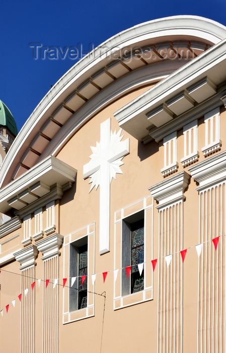 gibraltar82: Gibraltar: cross on the facade of the Catholic Cathedral of Saint Mary the Crowned, Main Street - curved pediment - photo by M.Torres - (c) Travel-Images.com - Stock Photography agency - Image Bank