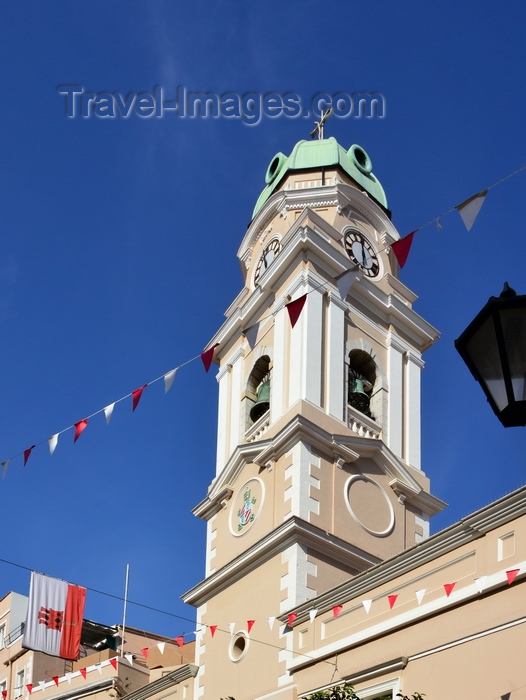 gibraltar86: Gibraltar: Cathedral of Saint Mary the Crowned bell tower, bunting and flag of Gibraltar, Main Street - Roman Catholic Diocese of Gibraltar - photo by M.Torres - (c) Travel-Images.com - Stock Photography agency - Image Bank
