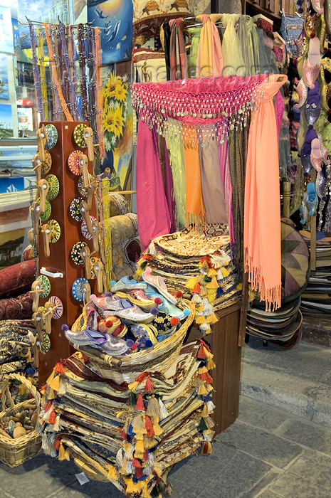 greece325: Greece, Rhodes, Old Town: richly coloured fabric wares on sale in an Old Town shop  (photo by P.Hellander) - (c) Travel-Images.com - Stock Photography agency - Image Bank