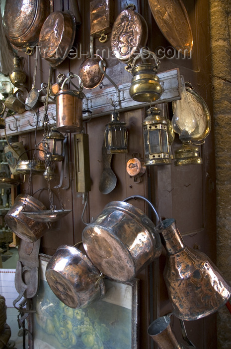 greece354: Greece, Dodecanese Islands, Rhodes: copper pots and pans in brick-a-brack tourist shop in Old Town - (c) Travel-Images.com - Stock Photography agency - Image Bank