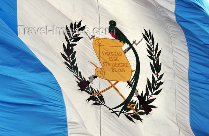 guatemala61: Ciudad de Guatemala / Guatemala city: Guatemalan flag at Parque Central - Resplendent Quetzal, a bird that symbolizes liberty and 15 September 1821, the date of Central America's independence - photo by M.Torres - (c) Travel-Images.com - Stock Photography agency - Image Bank