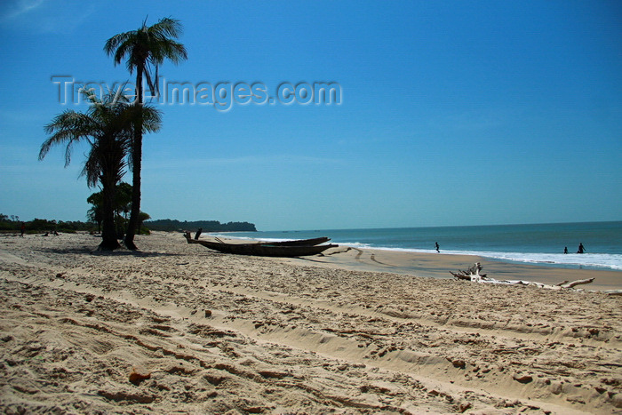 guinea-bissau155: Praia de Varela / Varela beach, Cacheu region, Guinea Bissau / Guiné Bissau: View from the beach, traditional boats, palms / Paisagem da praia, canoa tradicional, palmeiras - photo by R.V.Lopes - (c) Travel-Images.com - Stock Photography agency - Image Bank