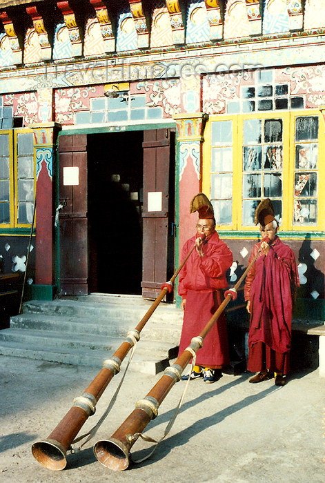india267: India - Darjeeling (West Bengal): Ghoom Monastery - Yiga Choeling Buddhist Monastery - monks blowing sacred horns - photo by J.Kaman - (c) Travel-Images.com - Stock Photography agency - Image Bank