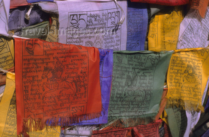 india331: India - Ladakh - Jammu and Kashmir: Lungta-style prayer flags with the Wind Horse bearing the Three Jewels of Buddhism - photo by W.Allgöwer - (c) Travel-Images.com - Stock Photography agency - Image Bank