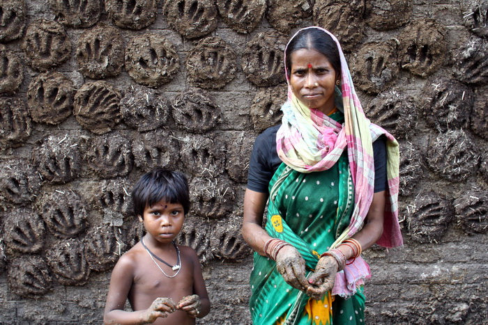 india393: India - West Bengal: a woman uses her hands cow dung on a wall - photo by M.Wright - (c) Travel-Images.com - Stock Photography agency - Image Bank