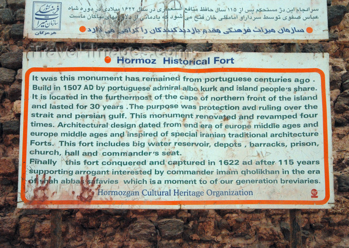 iran354: Iran - Hormuz island: info about the Portuguese castle - Hormozagan Cultural Heritage Organization - photo by M.Torres - (c) Travel-Images.com - Stock Photography agency - Image Bank