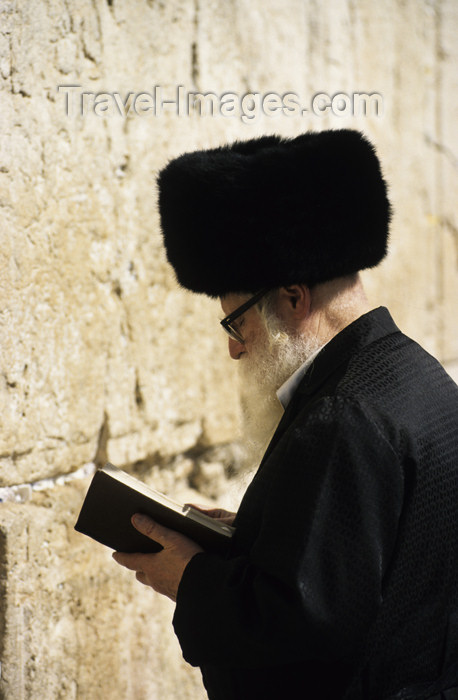 israel115: Israel - Jerusalem - rpraying from a prayer book - Jewish man with fur hat at the Western Wall - photo by Walter G. Allgöwer - (c) Travel-Images.com - Stock Photography agency - Image Bank