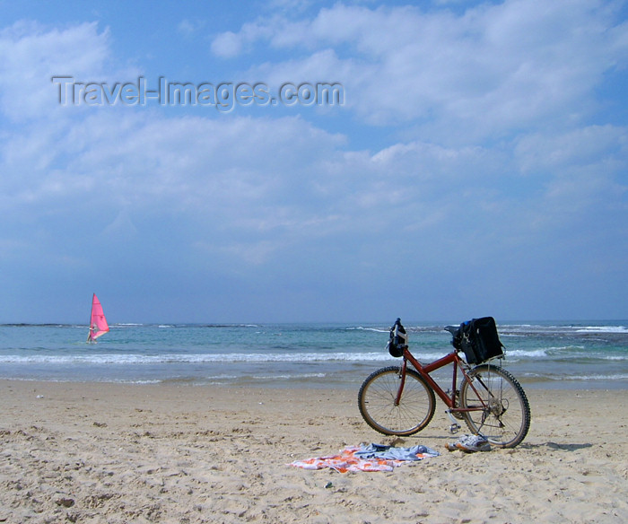 israel175: Israel - Kibbutz Sdot Yam: waiting for its master - bike on the beach - photo by Efi Keren - (c) Travel-Images.com - Stock Photography agency - Image Bank