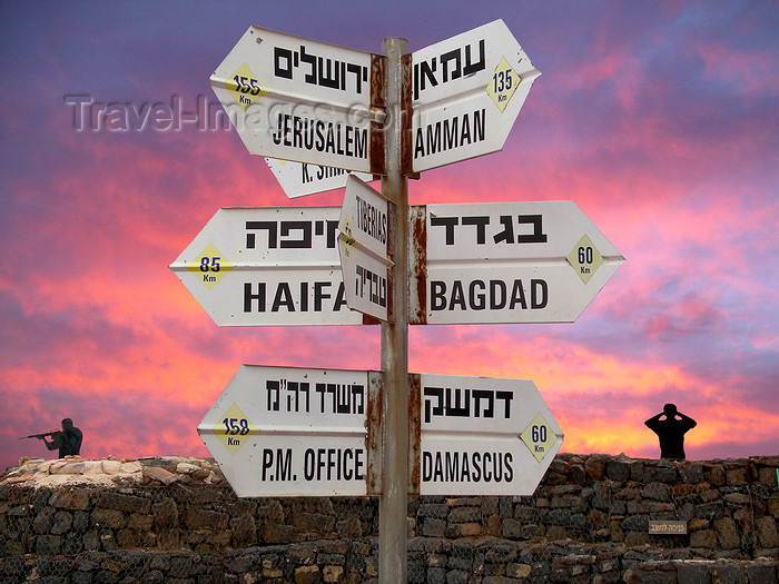 israel349: Golan Heights, Israel: road signs to Arab and Israel cities at Ben-Tal, Syria-Israel border - photo by E.Keren - (c) Travel-Images.com - Stock Photography agency - Image Bank