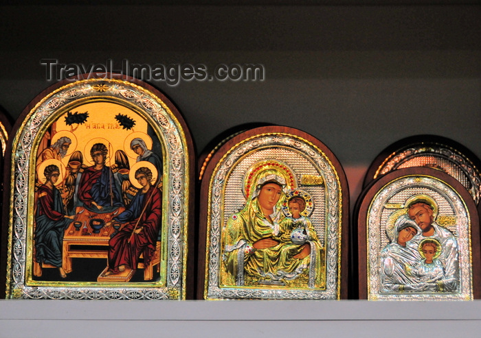 israel431: Jerusalem, Israel: metal framed Christian Orthodox icons for sale at Suq Aftimos - Last Supper; Virgin and Jesus; Mary, Joseph and Jesus - Muristan, Christian quarter - photo by M.Torres - (c) Travel-Images.com - Stock Photography agency - Image Bank