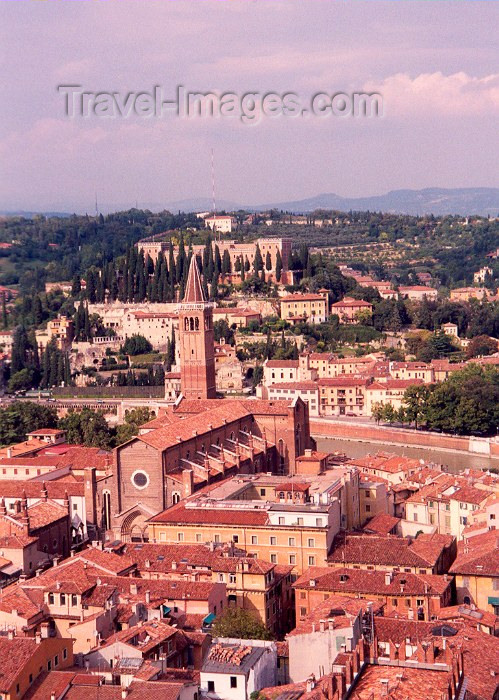 italy70: Verona  - Venetia / Veneto, Italy / VRN : roof tops and church by the Adige river - fiume Adige - photo by M.Torres - (c) Travel-Images.com - Stock Photography agency - Image Bank