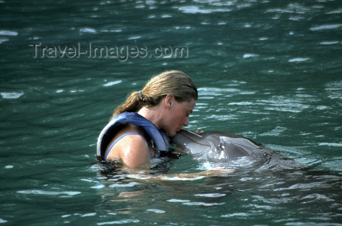 jamaica16: Jamaica - Montego Bay: swimming with dolphins - kissing a dolphin (photo by Francisca Rigaud) - (c) Travel-Images.com - Stock Photography agency - Image Bank