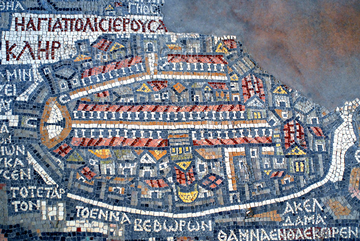 jordan10: Madaba - Jordan: Map of Jerusalem - displaying the Golden, Dung, Zion, Jaffa, St. Stephen's and Damascus gates, city walls, Church of the Holy Sepulchre, Temple Mount, the Cardo...  - Mosaic map of the Holy Land - Greek Orthodox Church of St. George - photo by M.Torres - (c) Travel-Images.com - Stock Photography agency - Image Bank