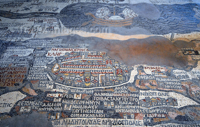 jordan86: Madaba - Jordan: the Madaba Map - Byzantine Mosaic - the oldest extant map of the Holy Land / Palestine, from the time of emperor Justinian - Greek Orthodox Church of St. George - photo by M.Torres - (c) Travel-Images.com - Stock Photography agency - Image Bank