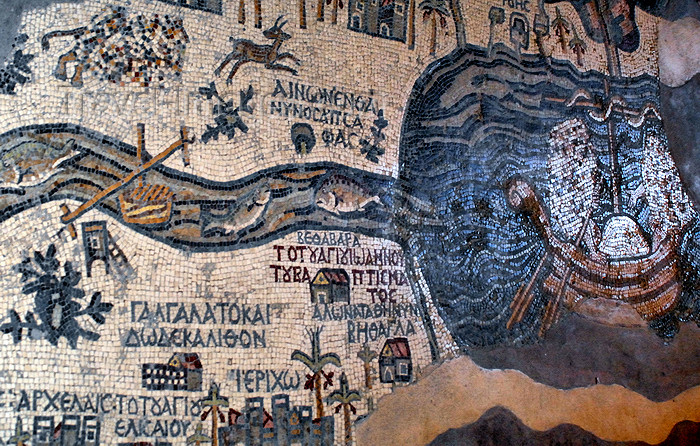 jordan99: Madaba - Jordan: Baptism places near the Jordan River and the Dead Sea - Jericho at the bottom, with palm trees - Byzantine Mosaic map of the Holy Land - 6th century - Greek Orthodox Church of St. George - photo by M.Torres - (c) Travel-Images.com - Stock Photography agency - Image Bank