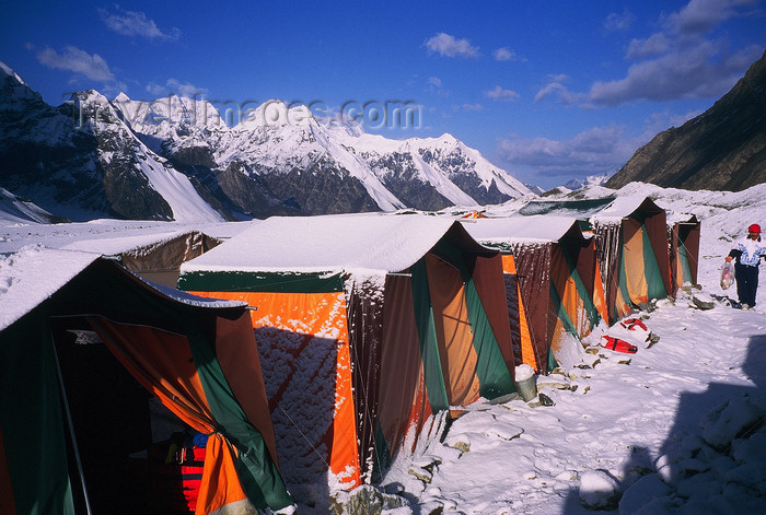 kazakhstan54: Kazakhstan - Tian Shan mountain range: mountaineering base camp on a glacier at the bottom of Khan Tengri mountain - tents - photo by E.Petitalot - (c) Travel-Images.com - Stock Photography agency - Image Bank