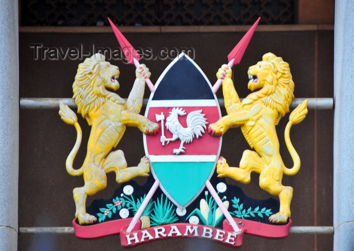 kenya92: Nairobi, Kenya: lions, shield and cockerel - Kenyan coat of arms at Parliament House - photo by M.Torres - (c) Travel-Images.com - Stock Photography agency - Image Bank