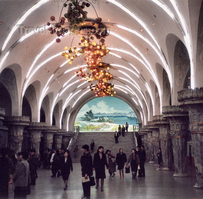 korean112: North Korea / DPRK - Pyongyang: the Metro - Yonggwang (Glory) station with mosaic of lake Cho on Mount Paekto (photo by M.Torres) - (c) Travel-Images.com - Stock Photography agency - Image Bank