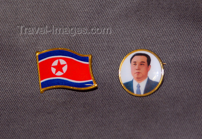 korean5: North Korea / DPRK - Kim Il Sung Pin and North Korean flag on a uniform - badges (photo by Miguel Torres) - (c) Travel-Images.com - Stock Photography agency - Image Bank