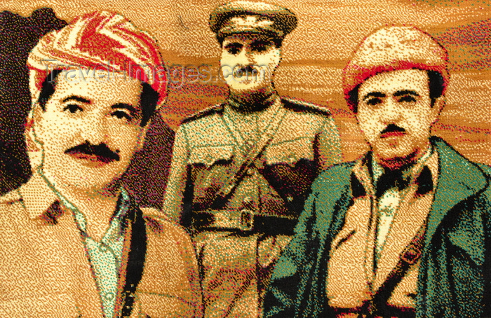 kurdistan13: Erbil / Hewler, Kurdistan, Iraq: carpet with the images of the two main Kurdish leaders, Massoud Barzani (L) and his father Mulla Mustafa Barzani (C and R) - photo by M.Torres - (c) Travel-Images.com - Stock Photography agency - Image Bank